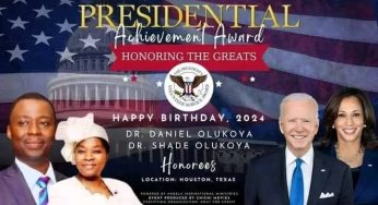 President Joe Biden of the United States  awarded Dr. D. K. Olukoya and Dr. Mrs. Folashade Olukoya with the Presidential Achievement Award